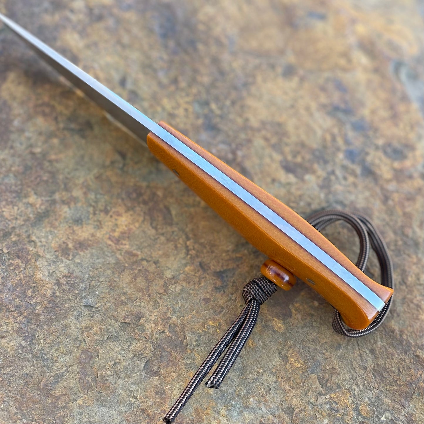 Hunter in 1080 w/ Polished Butterscotch Linen Micarta and Bead