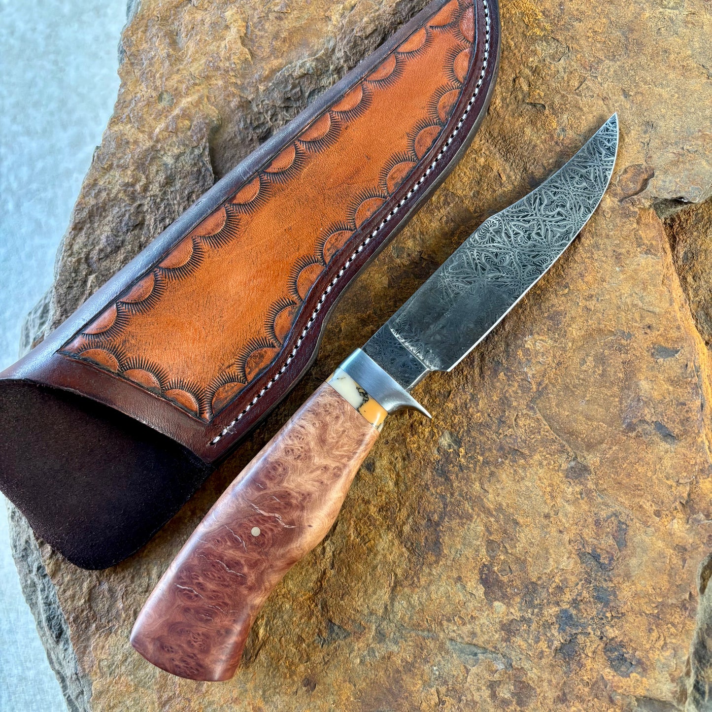 Damascus Bowie w/ Black Ash & Imitation Coral
