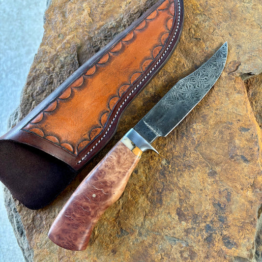 Damascus Bowie w/ Black Ash & Imitation Coral