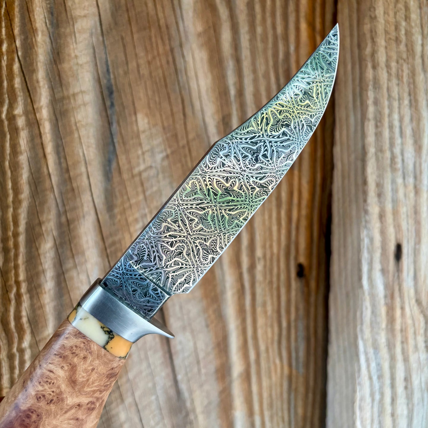 Damascus Bowie w/ Black Ash & Imitation Coral