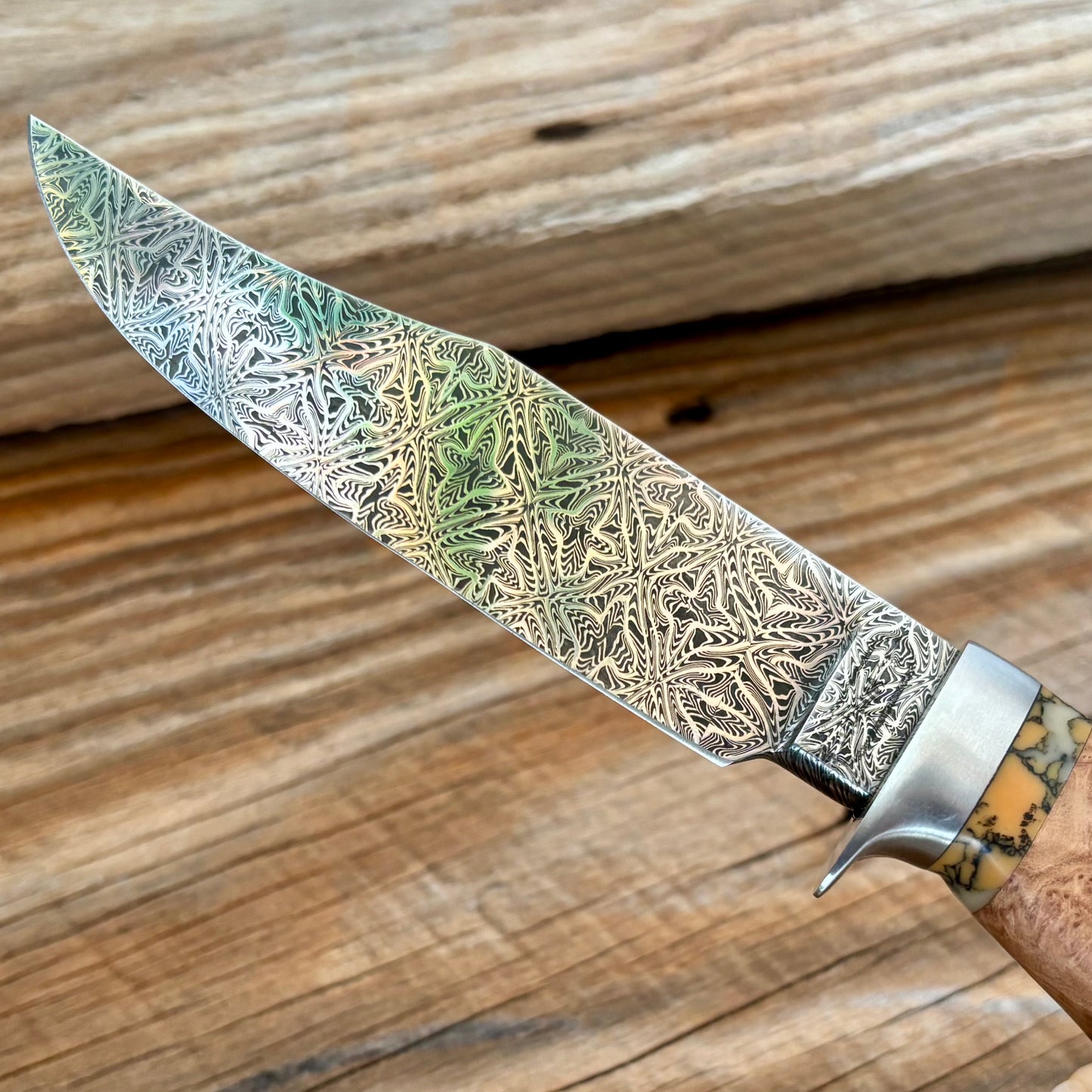 Damascus Bowie w/ Black Ash & Imitation Coral
