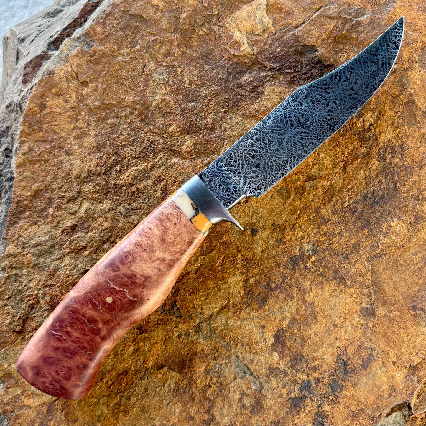 Damascus Bowie w/ Black Ash & Imitation Coral