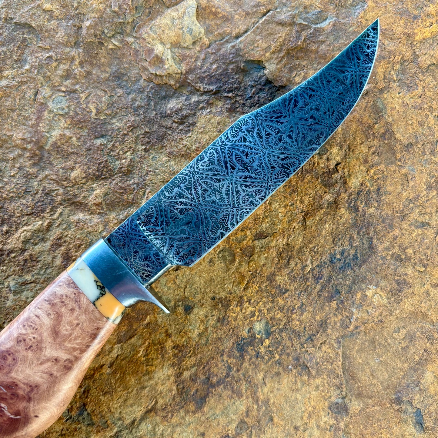 Damascus Bowie w/ Black Ash & Imitation Coral