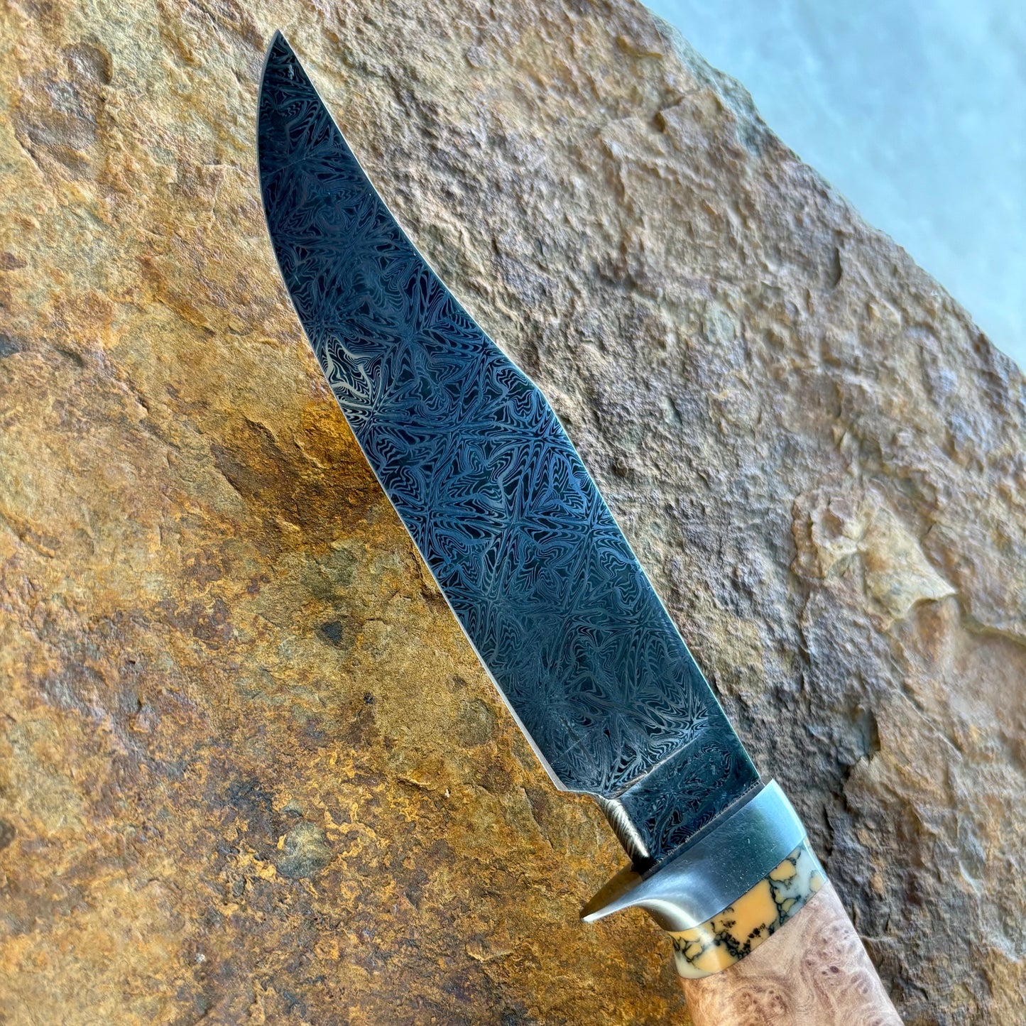 Damascus Bowie w/ Black Ash & Imitation Coral